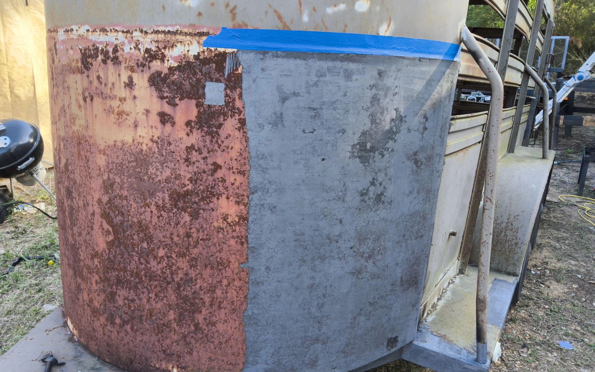 A cleaned metal surface beside the original rust on a Coast Laser Services project